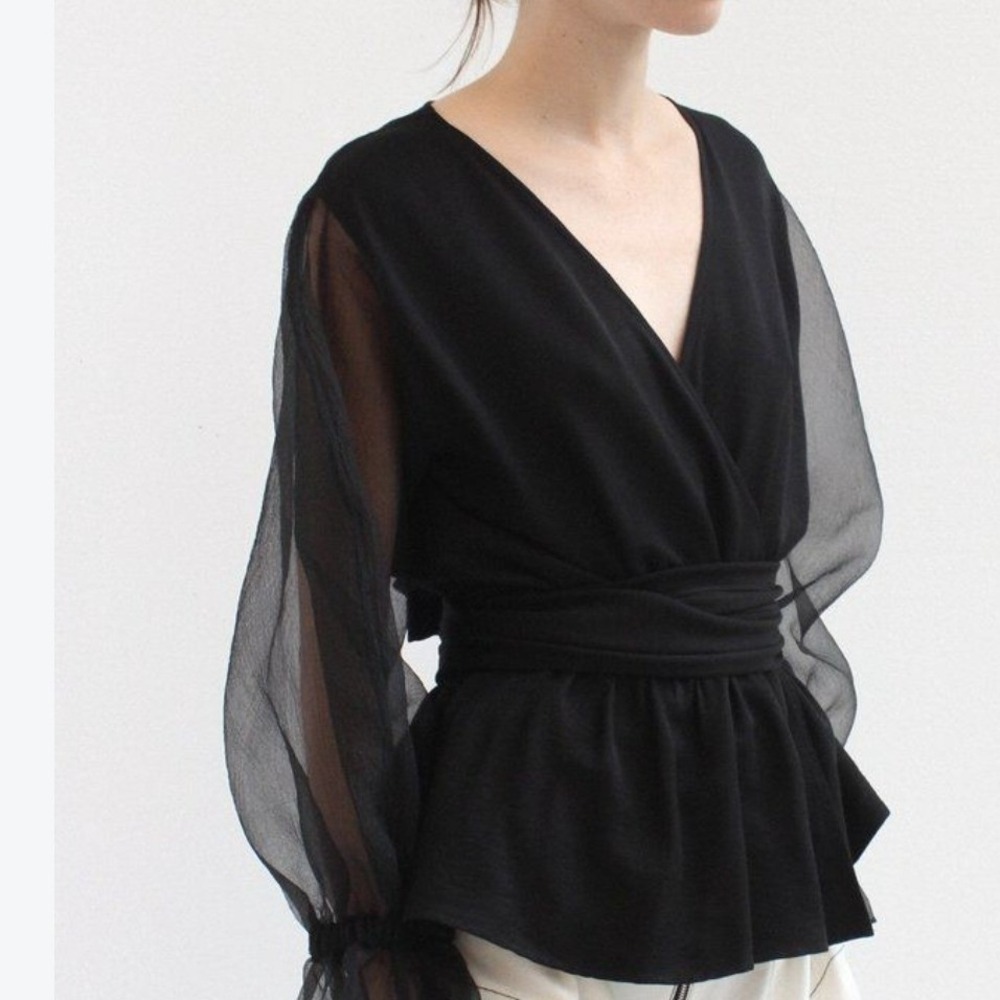 Rejina RYO Whinsical Flora Wrap Tie Black Oraganza Accent Sleeves Blouse sz 8